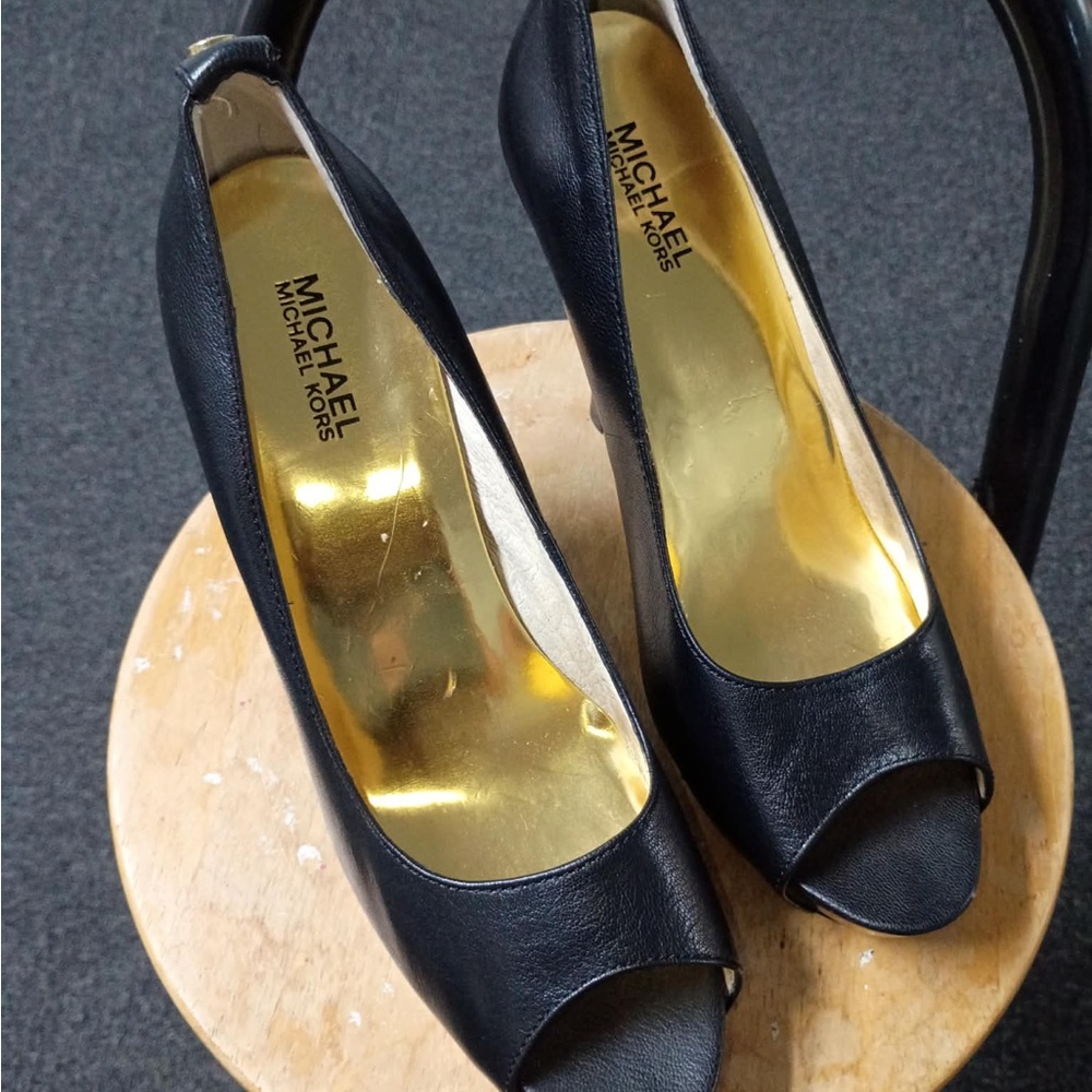 Michael Kors Black Peep-Toe Leather Heels with Gold Insole
